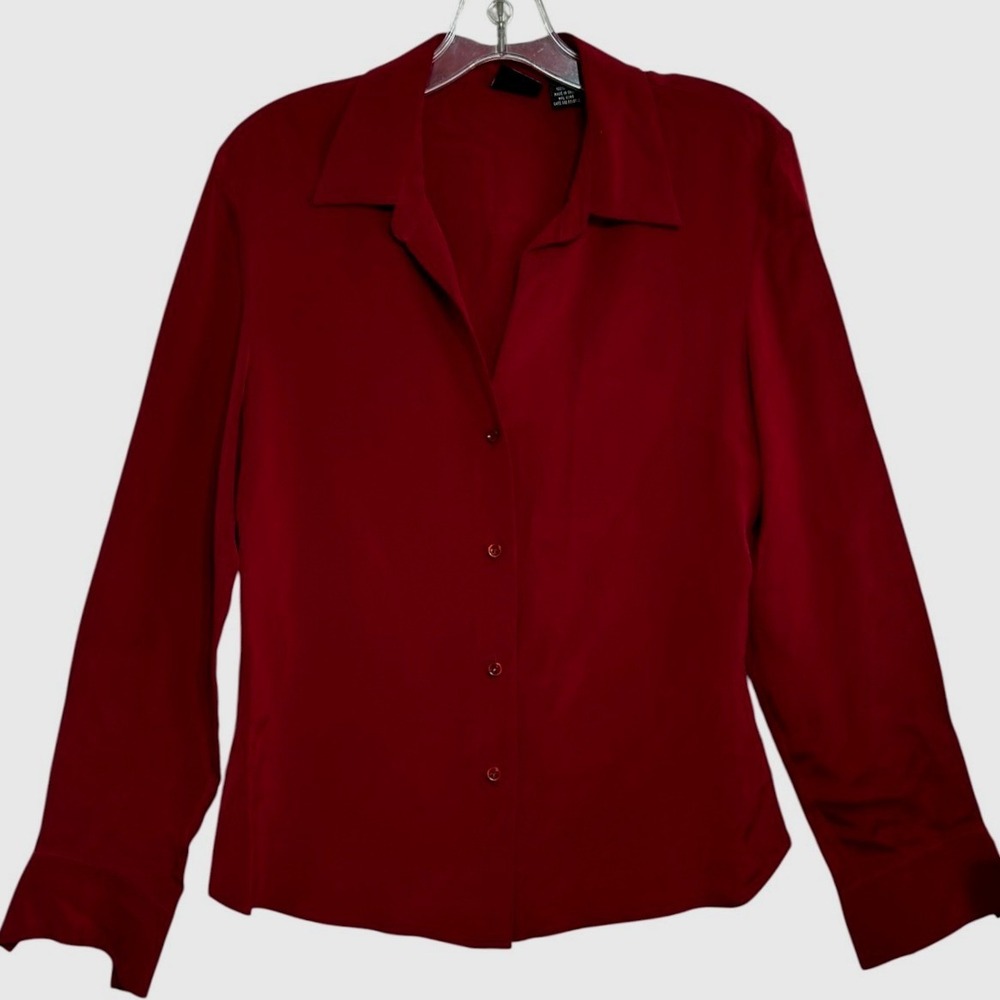 INC Blouse Women Red 100% Silk Long Sleeve Button Front Capsule Holiday Fall 10